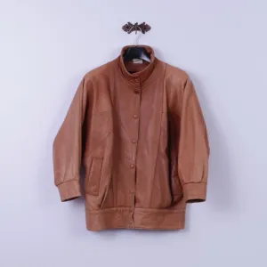 Albir Piel Womens M Bomber Jacket Brown Leather Vintage Made In Spain Snap Top