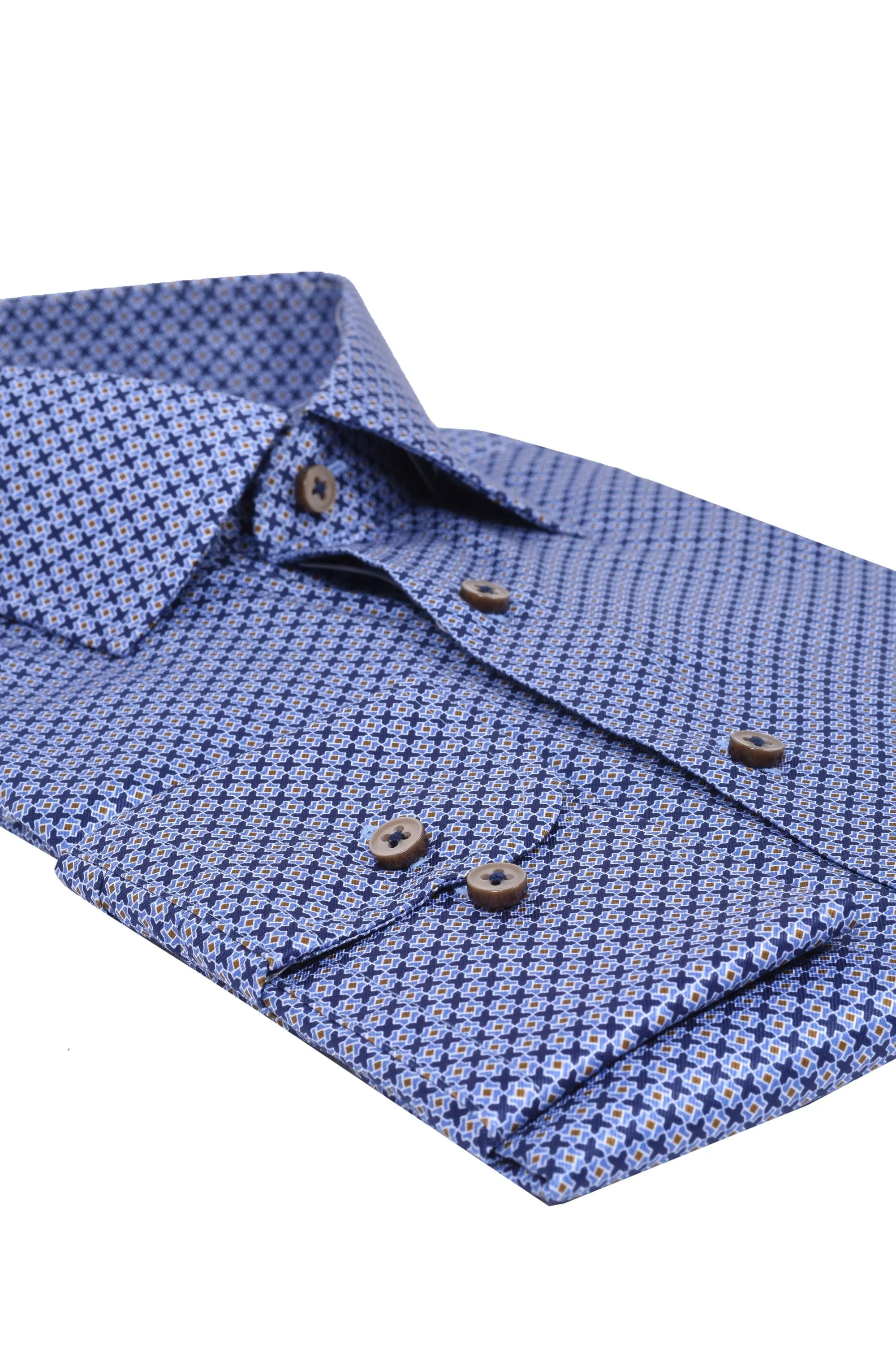 Eterna Cut Away Collar Long Sleeved Shirt Blue Patterned