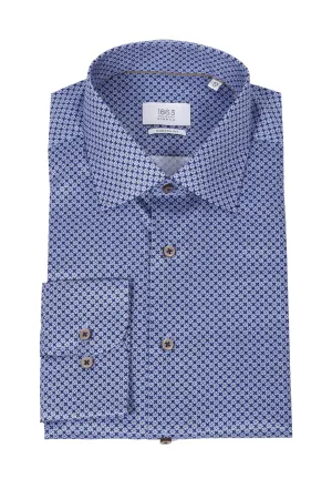 Eterna Cut Away Collar Long Sleeved Shirt Blue Patterned