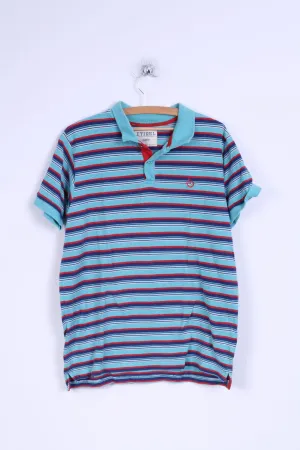 Etirel Mens XL (L) Polo Shirt Blue Striped Cotton Detailed Buttons