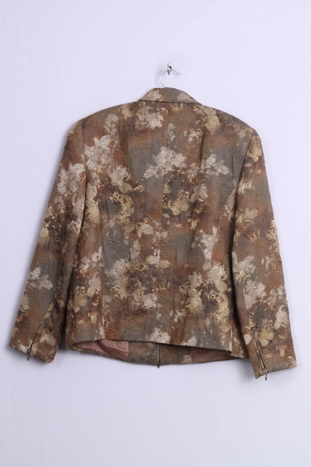 Fisser Womens 44 L Jacket City Sport Gold Green Flowers Printed Wool Blend Shoulder Pads Retro