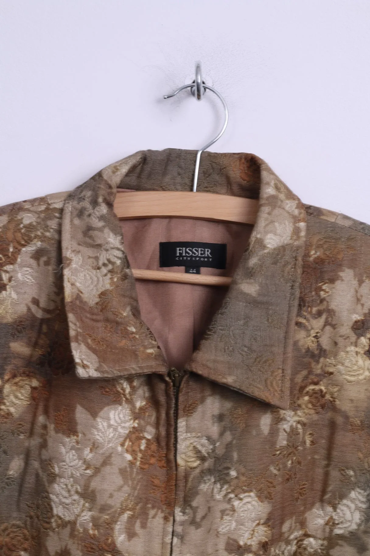 Fisser Womens 44 L Jacket City Sport Gold Green Flowers Printed Wool Blend Shoulder Pads Retro