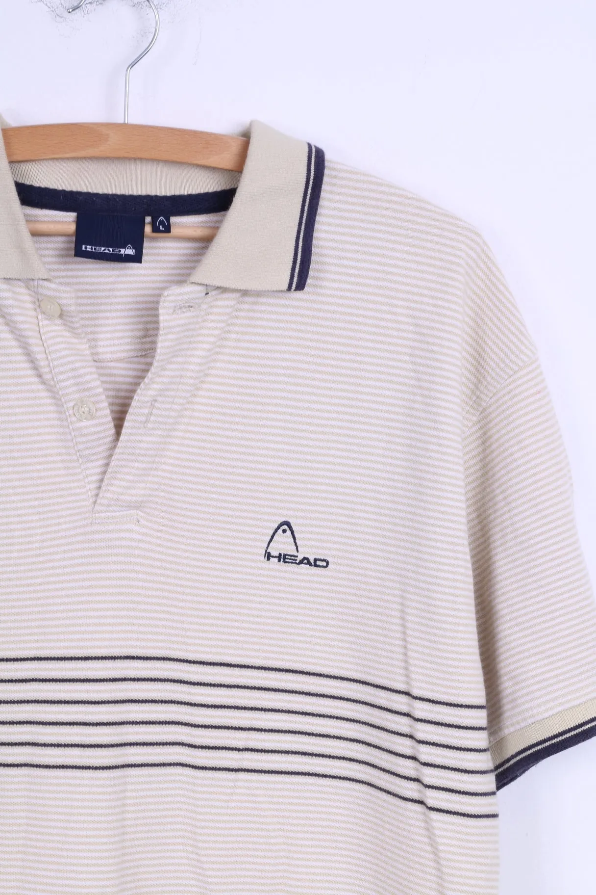 Head Mens L Polo Shirt Beige Striped Detailed Buttons Cotton