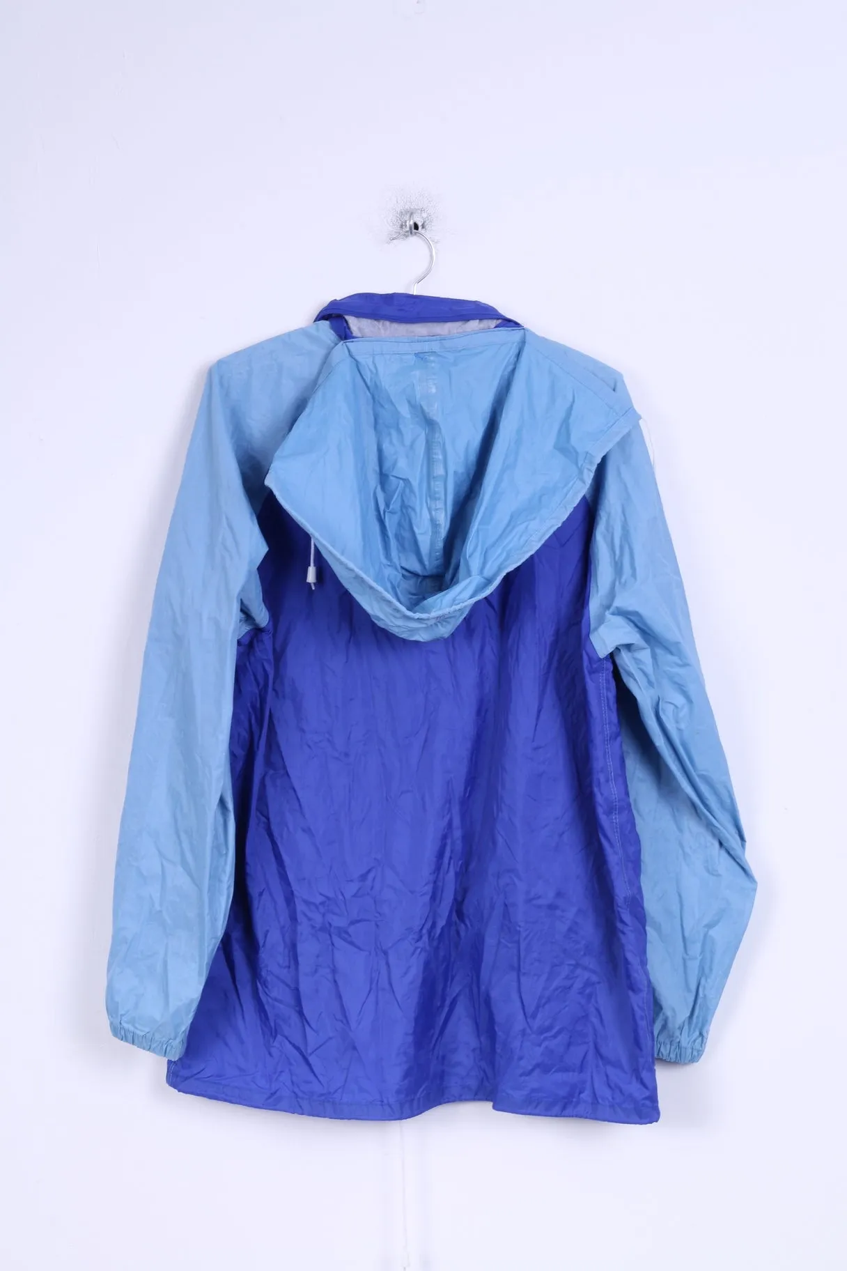 Hedo Mens L Rain Jacket Blue Nylon Waterproof Hidden Hood Lightweight Top