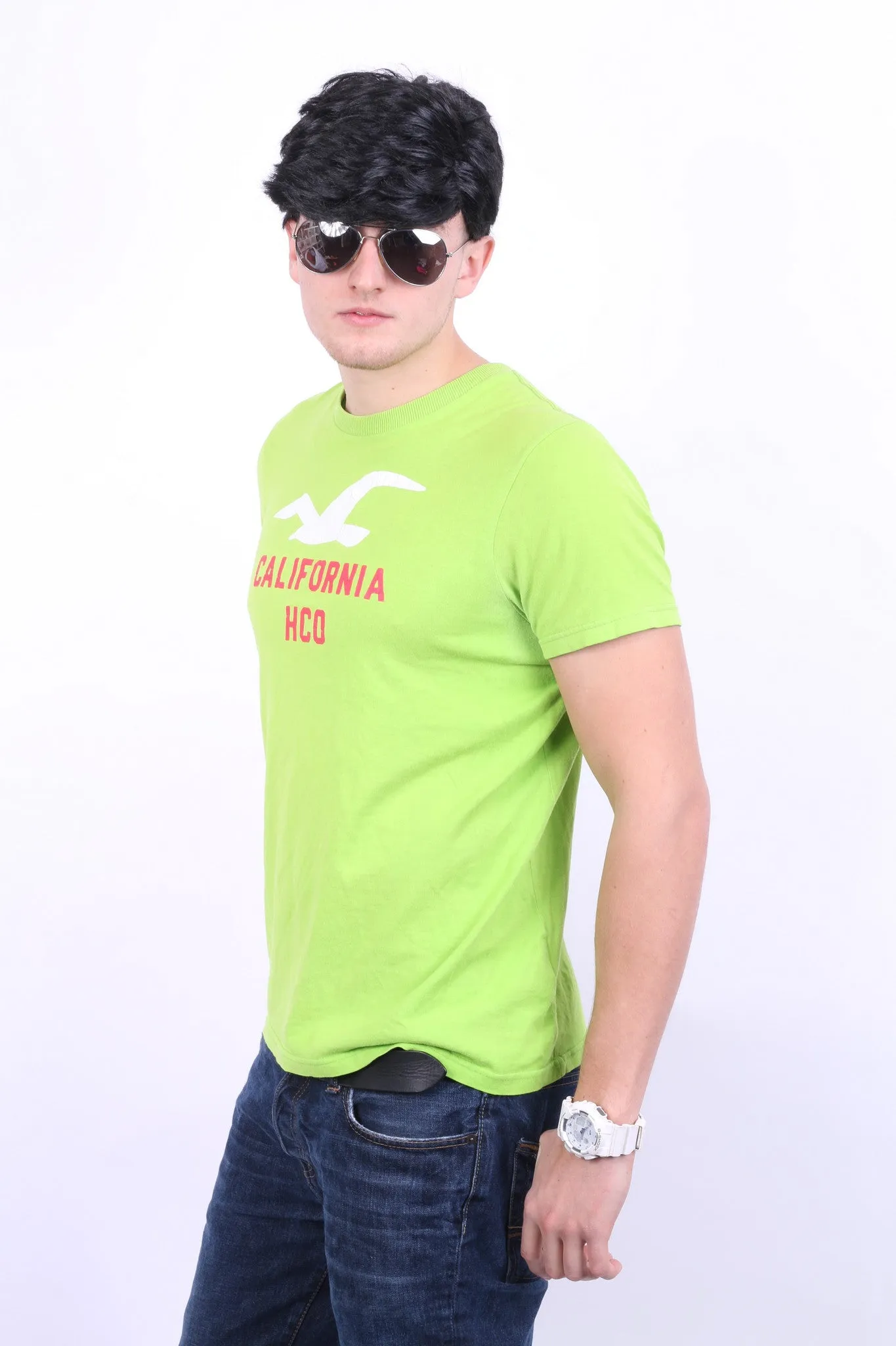 Hollister California Mens L Shirt Green Crew Neck Cotton Summer