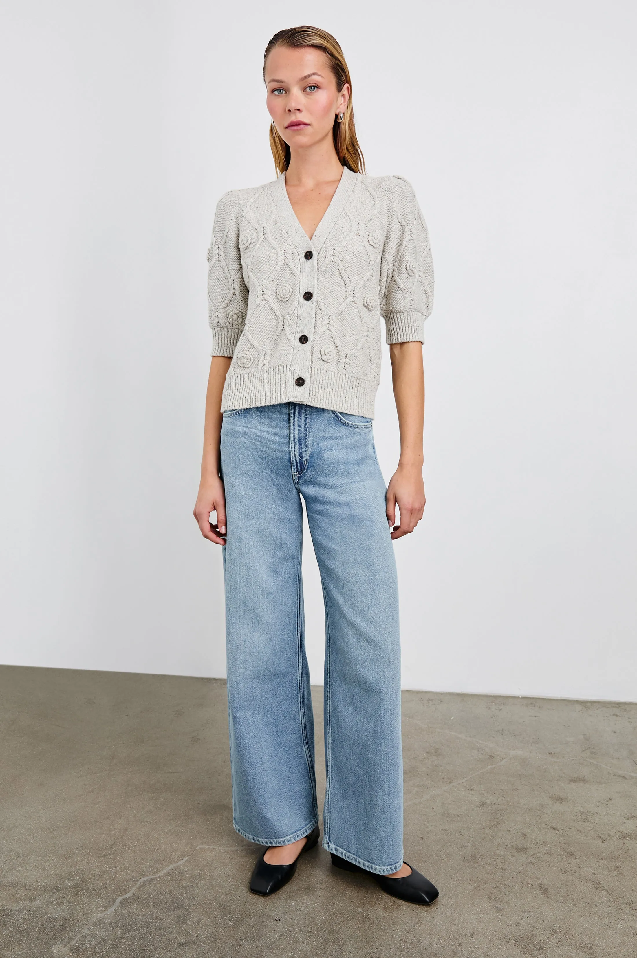 ISLA CARDIGAN - GREY WITH CROCHET DAISIES Rails