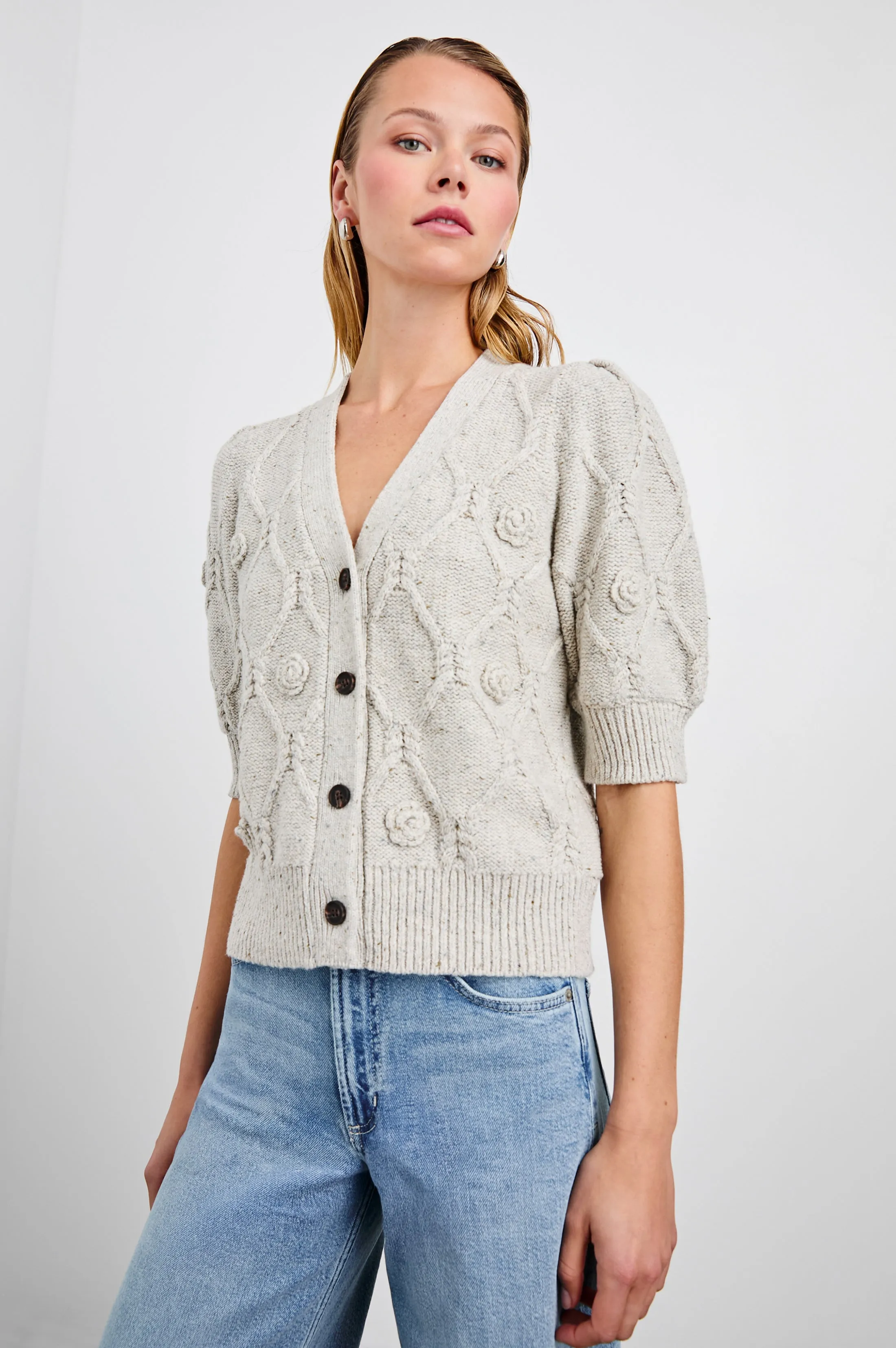 ISLA CARDIGAN - GREY WITH CROCHET DAISIES Rails