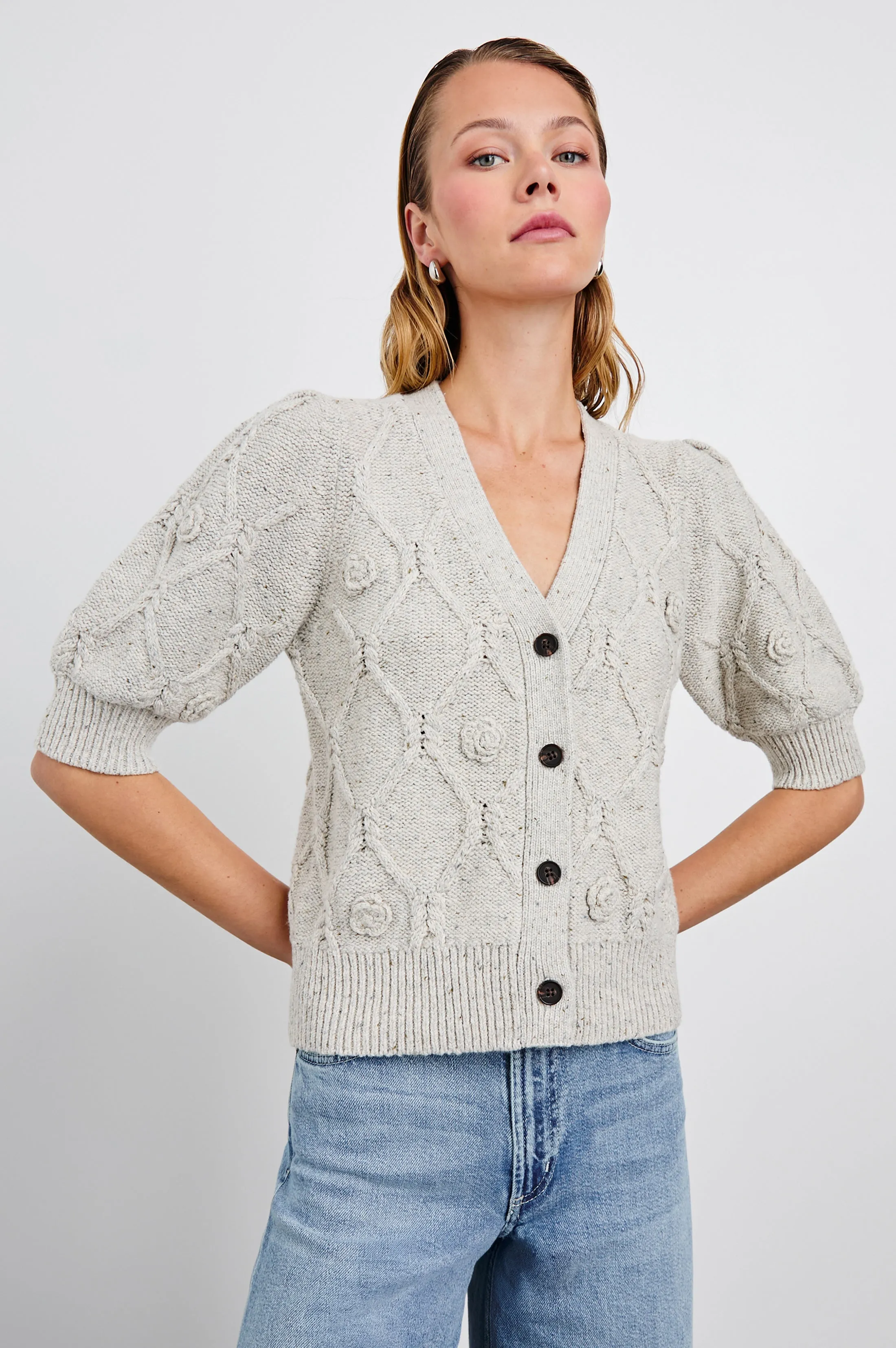 ISLA CARDIGAN - GREY WITH CROCHET DAISIES Rails