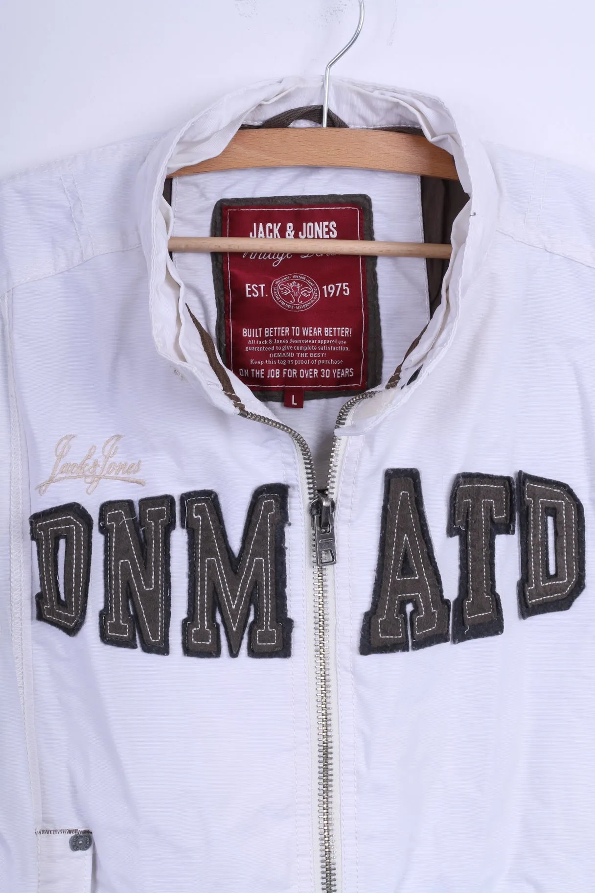 Jack & Jones Mens L Jacket White Cotton Zip Up Embroidered Casual Top
