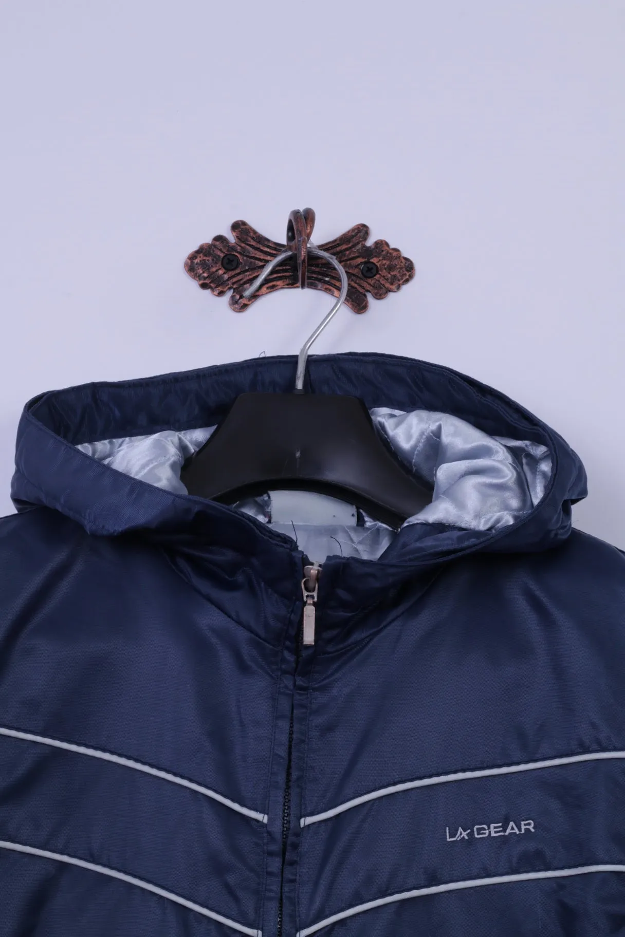 La Gear Womens 12 S Coat Navy 100% Nylon Shiny Hooded Full Zipper Casual Top