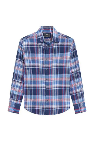 M.J. Bale - Valsesia Linen Blend Shirt - Check - Natural Denim Washed Red