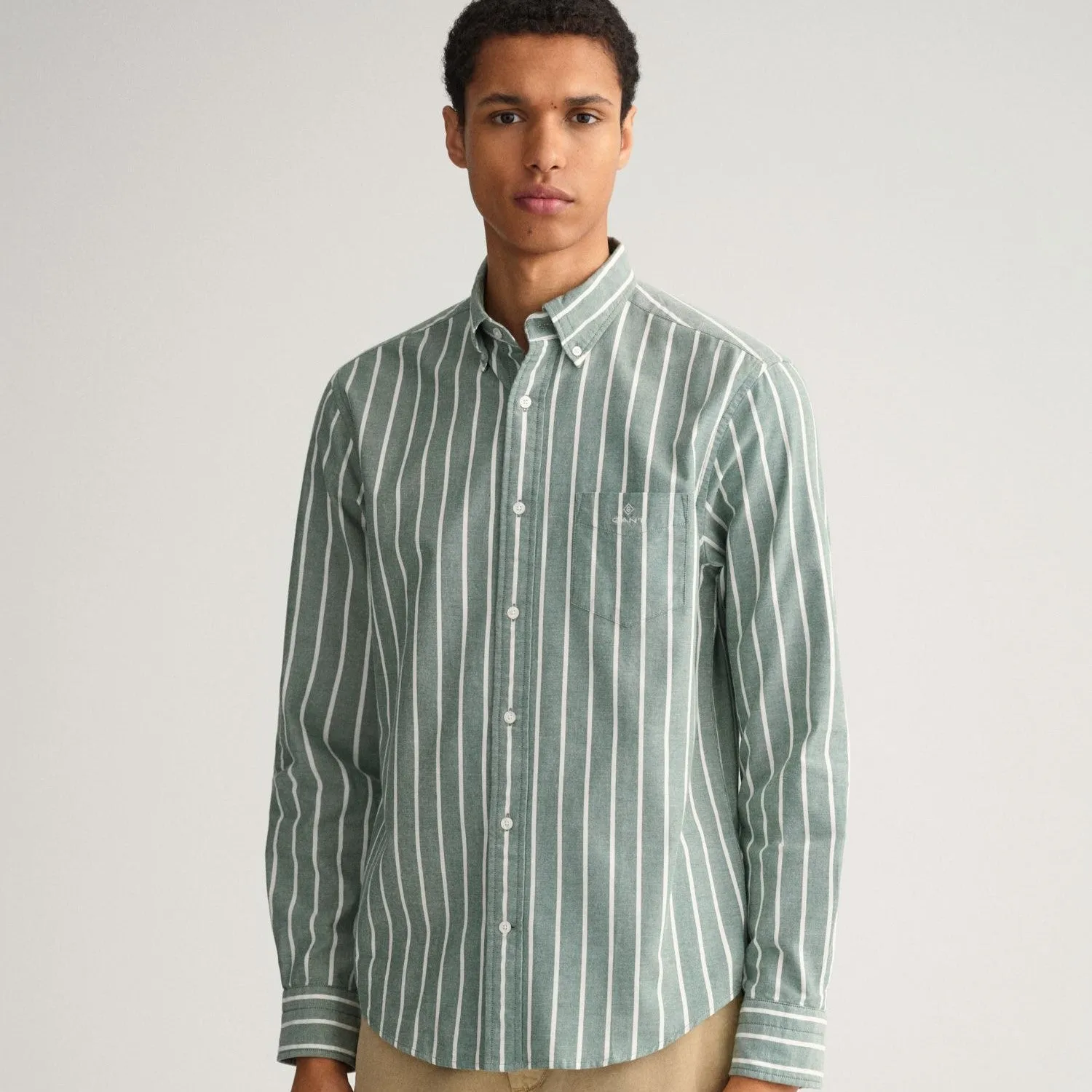 Oxford Shirt - Wide Stripe - Forest Green & White