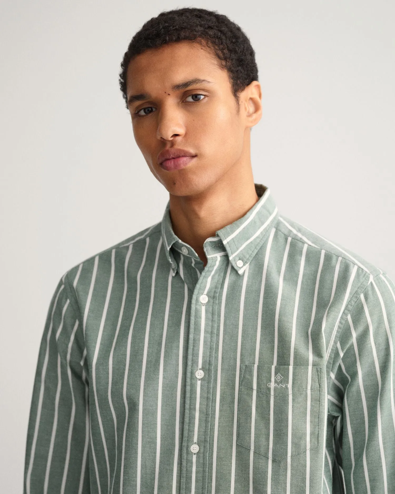 Oxford Shirt - Wide Stripe - Forest Green & White