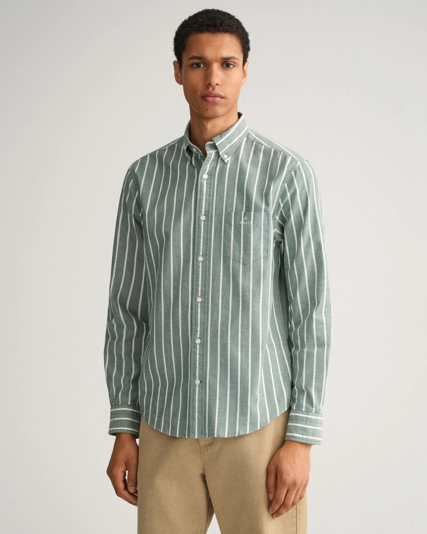 Oxford Shirt - Wide Stripe - Forest Green & White