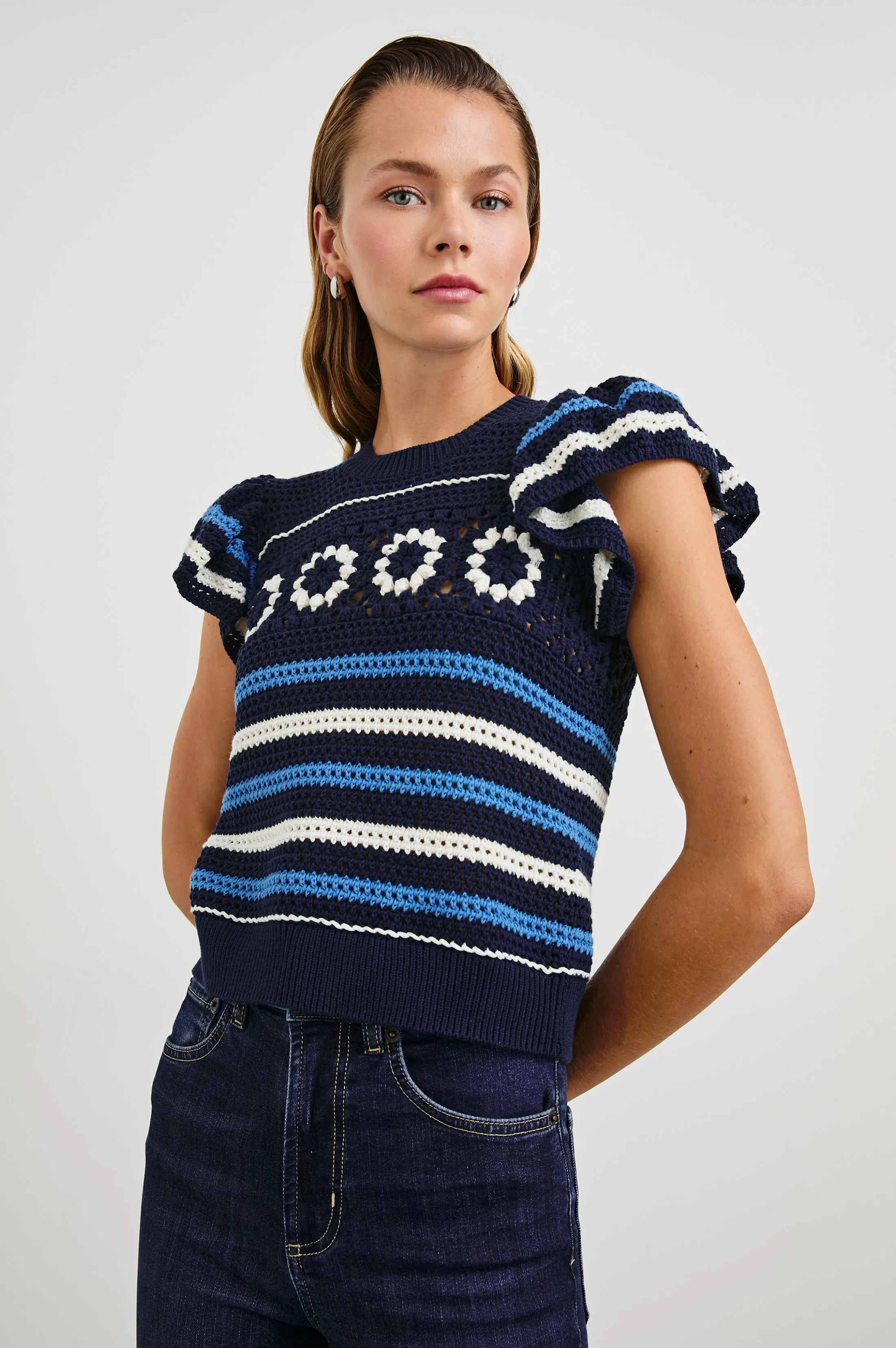 PENELOPE TOP - NAVY SKY CROCHET STRIPE Rails
