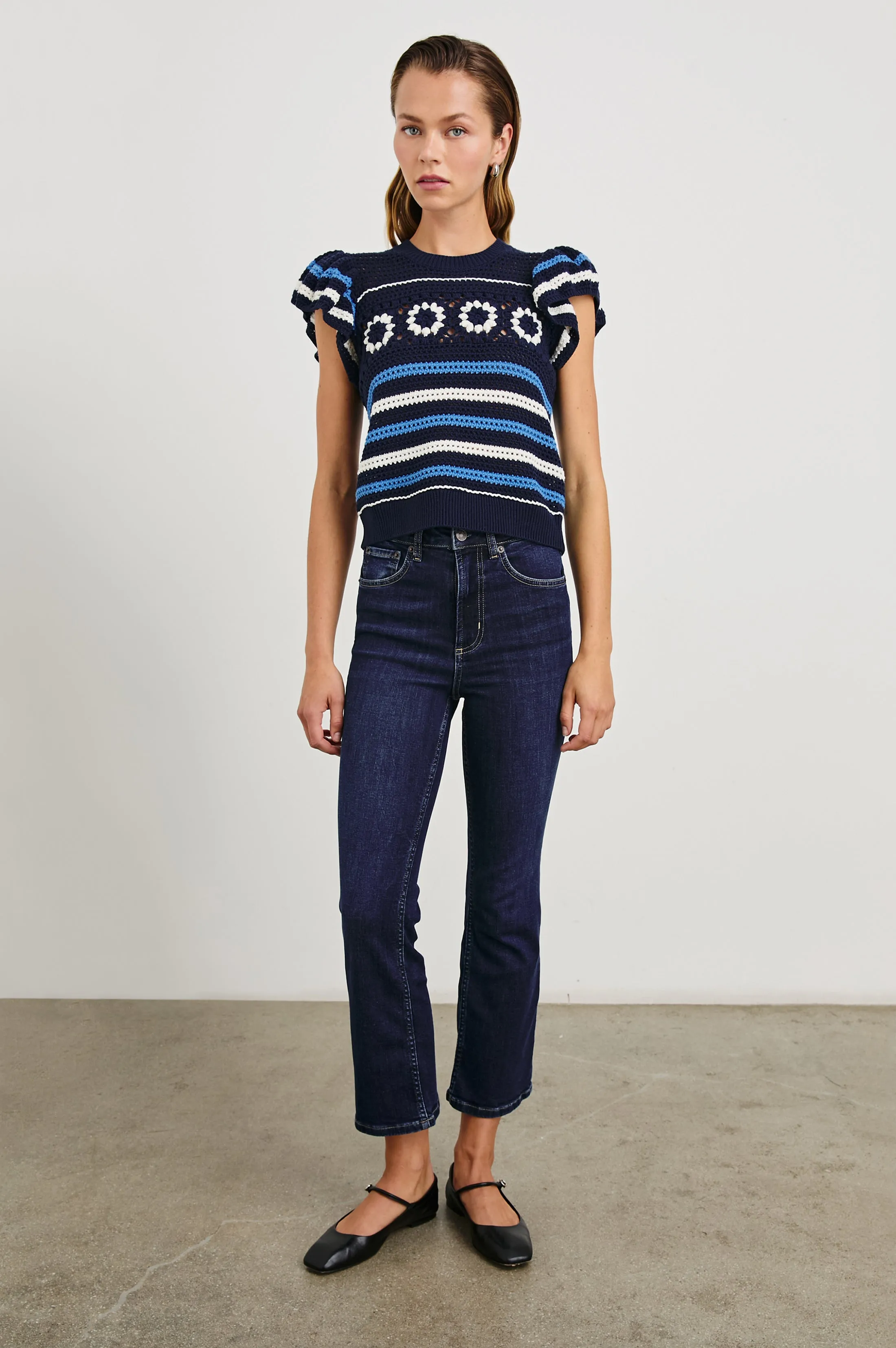 PENELOPE TOP - NAVY SKY CROCHET STRIPE Rails