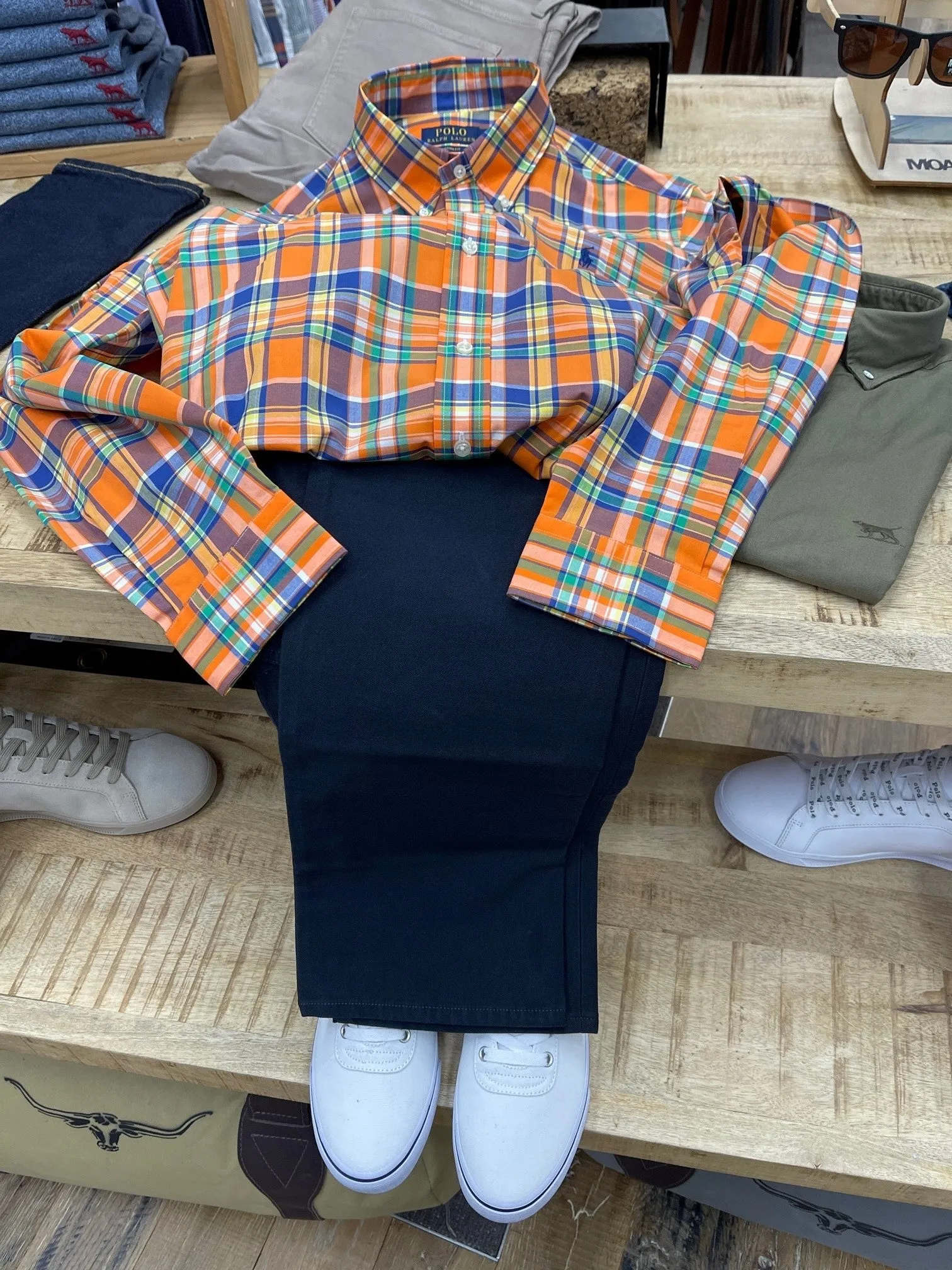 Polo Ralph Lauren - Poplin Stretch Custom Fit Shirt - Check - Orange/Navy Multi