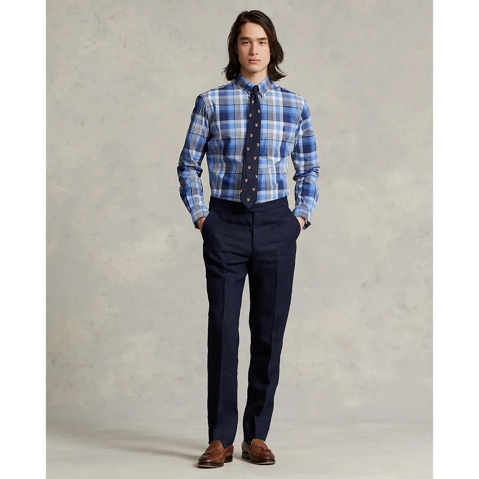 Poplin Stretch Custom Fit Shirt - Check - Blue