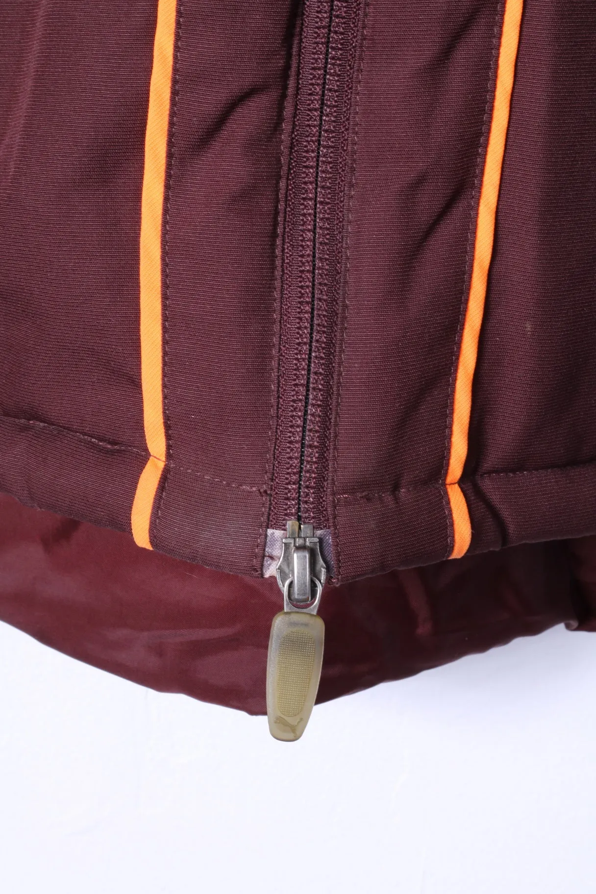 PUMA Mens XL Jacket Maroon Full Zipper Hidden Hood Padded Sport Orange Logo Top