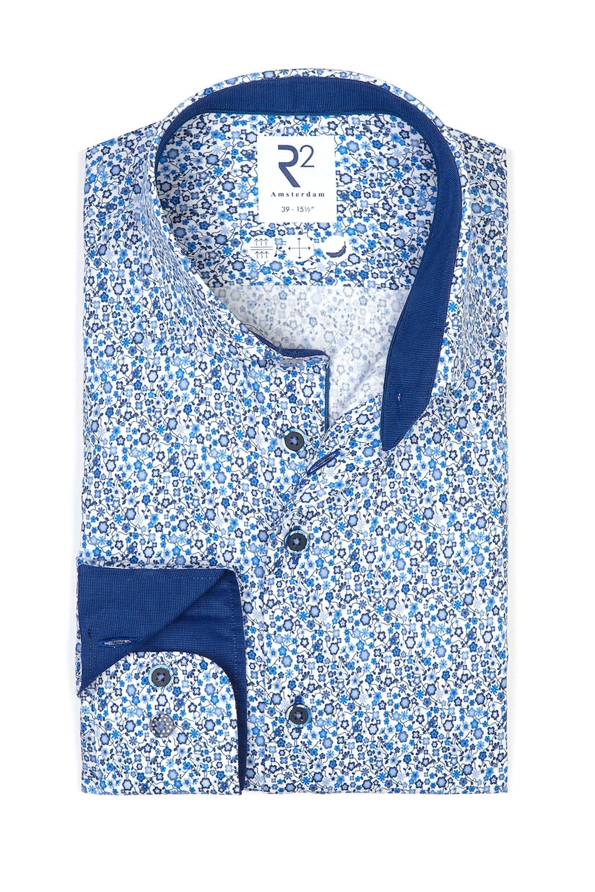 R2 Cut Away Collar Long Sleeved Shirt Blue Floral