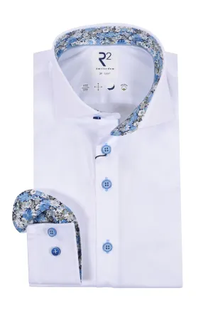 R2 Cut Away Collar Long Sleeved Shirt White with Blue Floral Trim