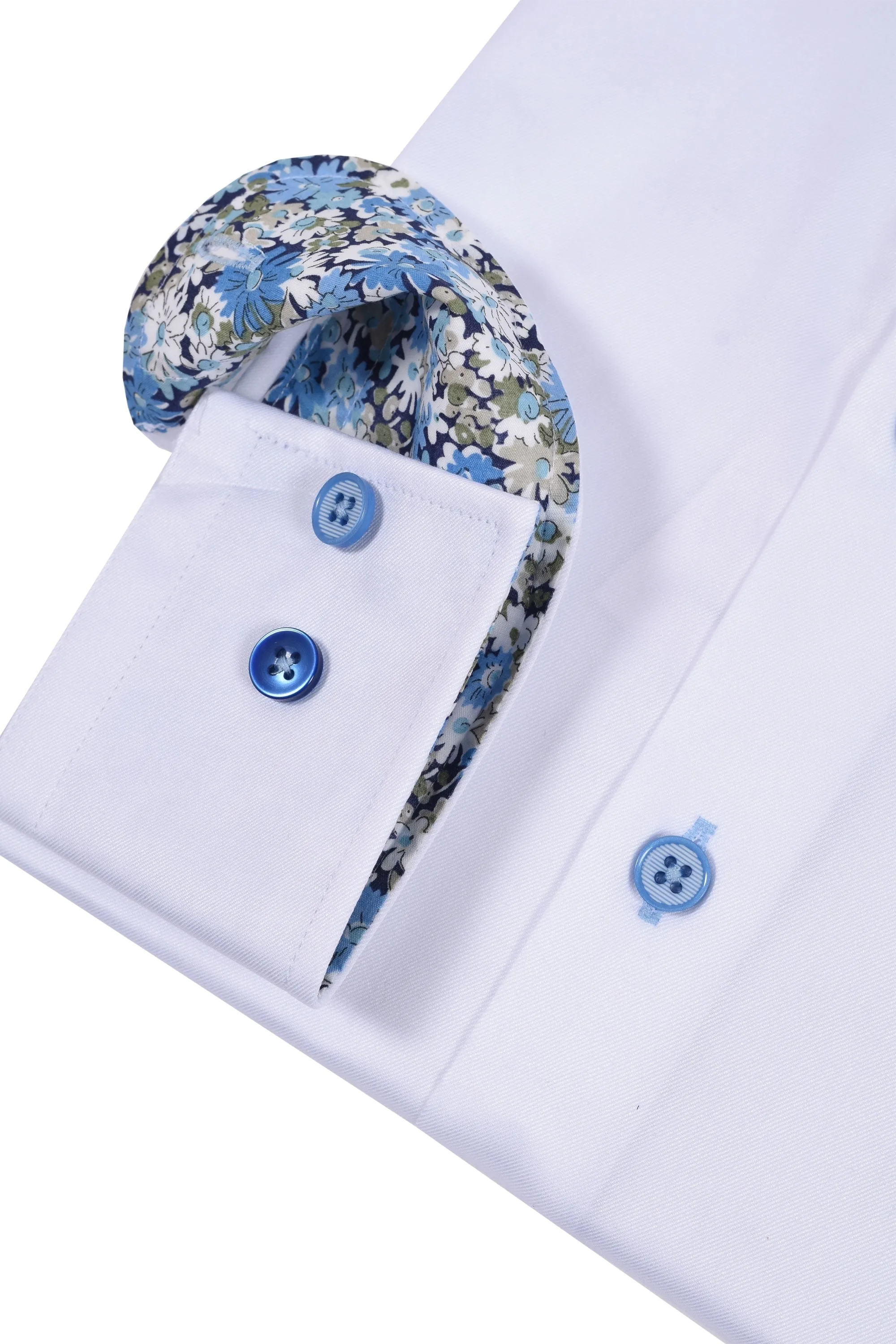 R2 Cut Away Collar Long Sleeved Shirt White with Blue Floral Trim