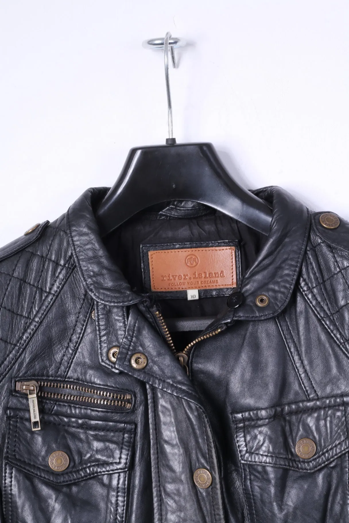 River Island Womens 10 S Jacket Black Leather Full Zipper Belted Biker Top
