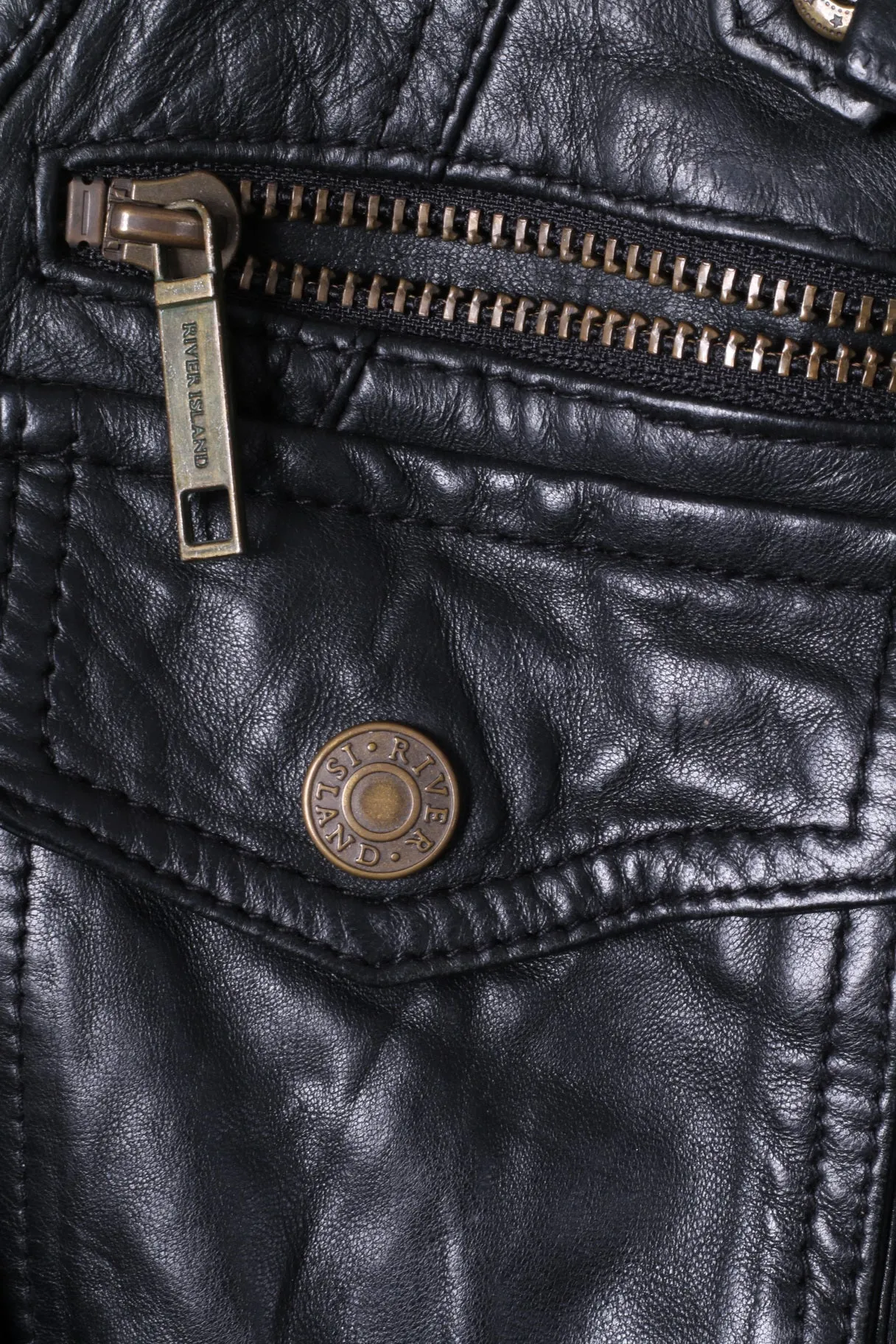 River Island Womens 10 S Jacket Black Leather Full Zipper Belted Biker Top