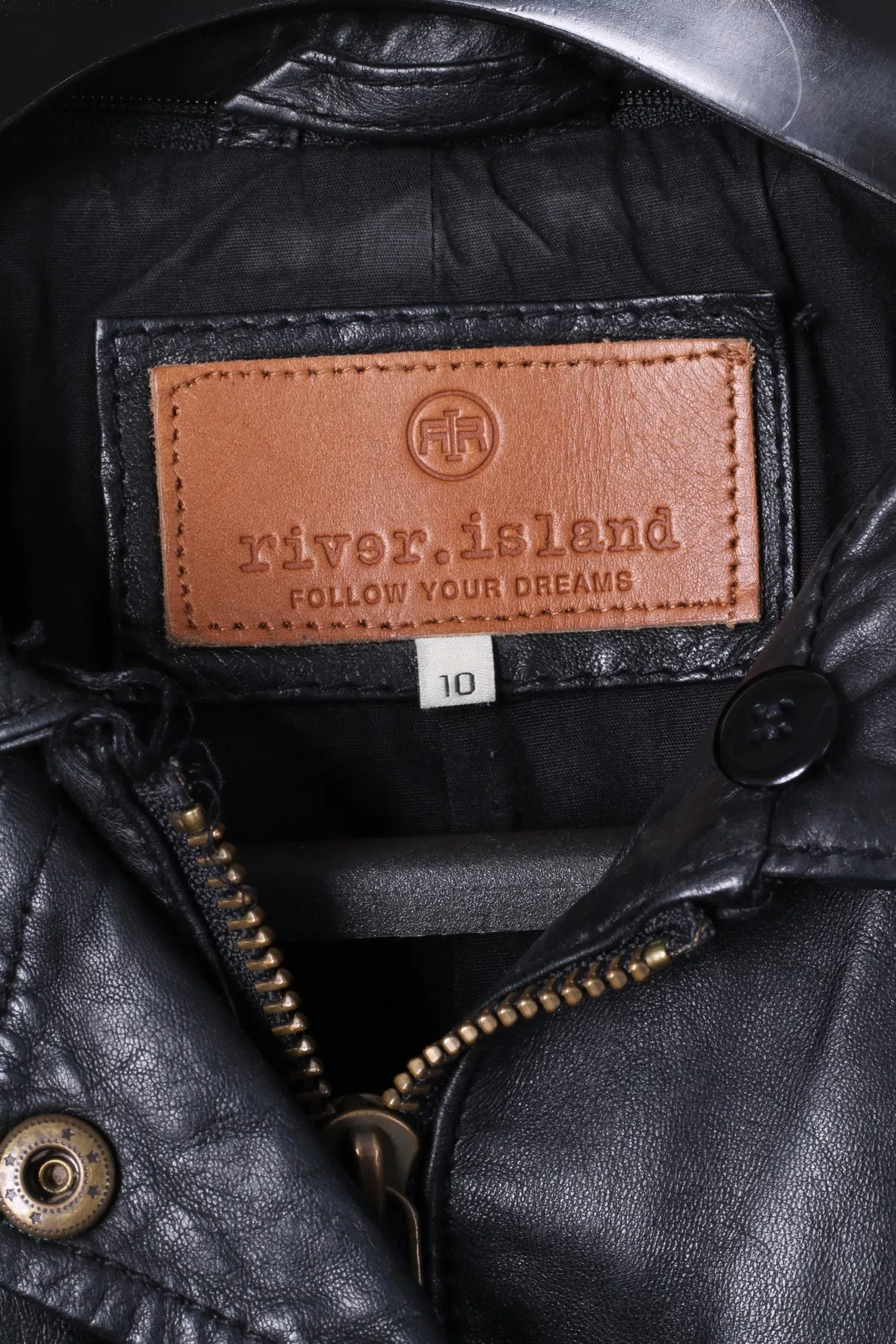 River Island Womens 10 S Jacket Black Leather Full Zipper Belted Biker Top