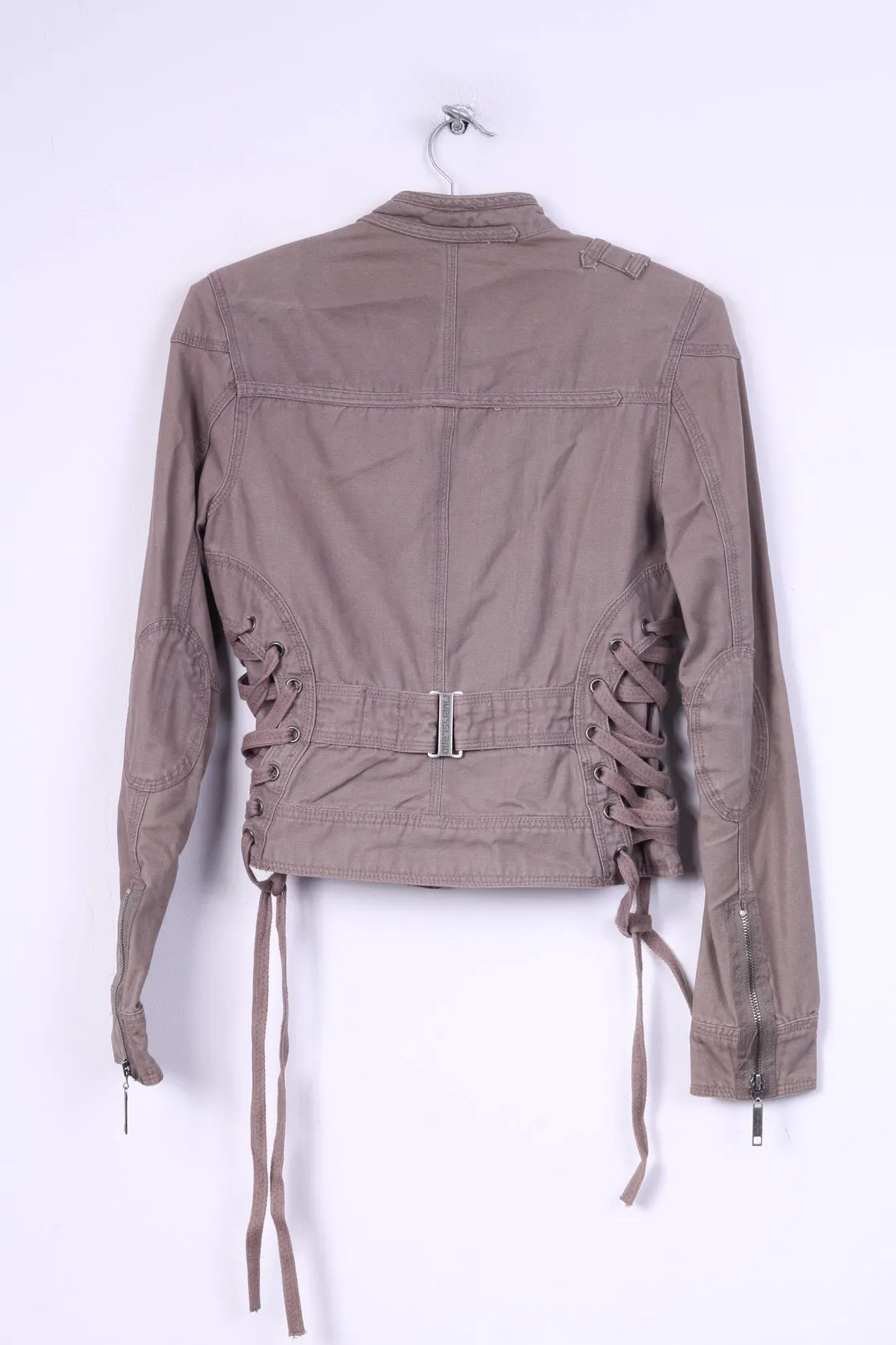 River Island Womens 34 8 XS Jacket Taupe Full Zipper Stand Up Collar Cotton Patches
