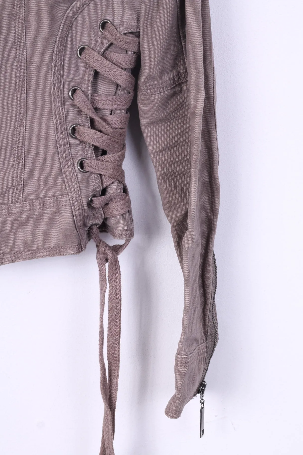 River Island Womens 34 8 XS Jacket Taupe Full Zipper Stand Up Collar Cotton Patches