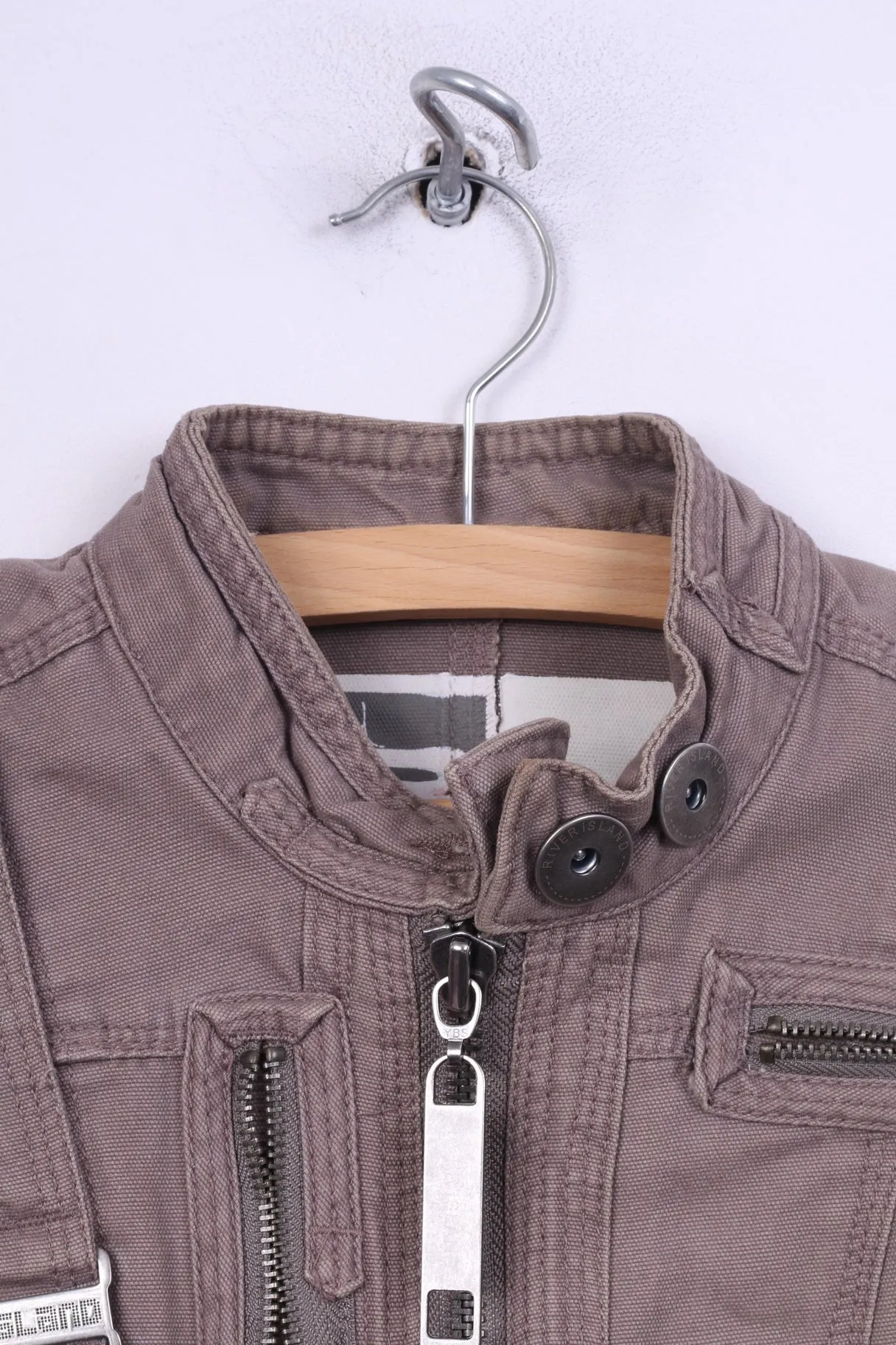 River Island Womens 34 8 XS Jacket Taupe Full Zipper Stand Up Collar Cotton Patches