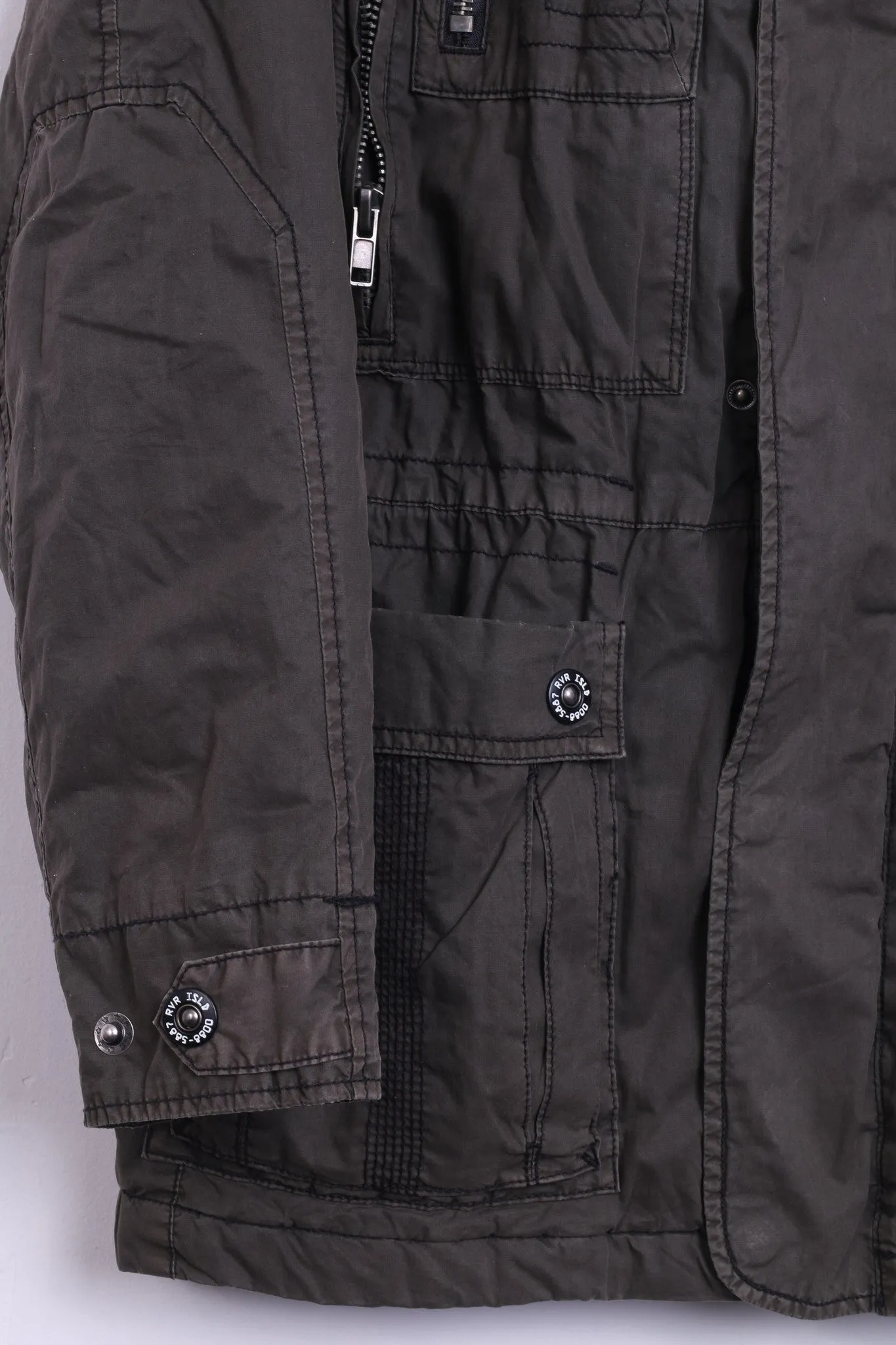 RVR ISLD Womens M Parka Jacket Washed Look Long Coat Hidden Hood