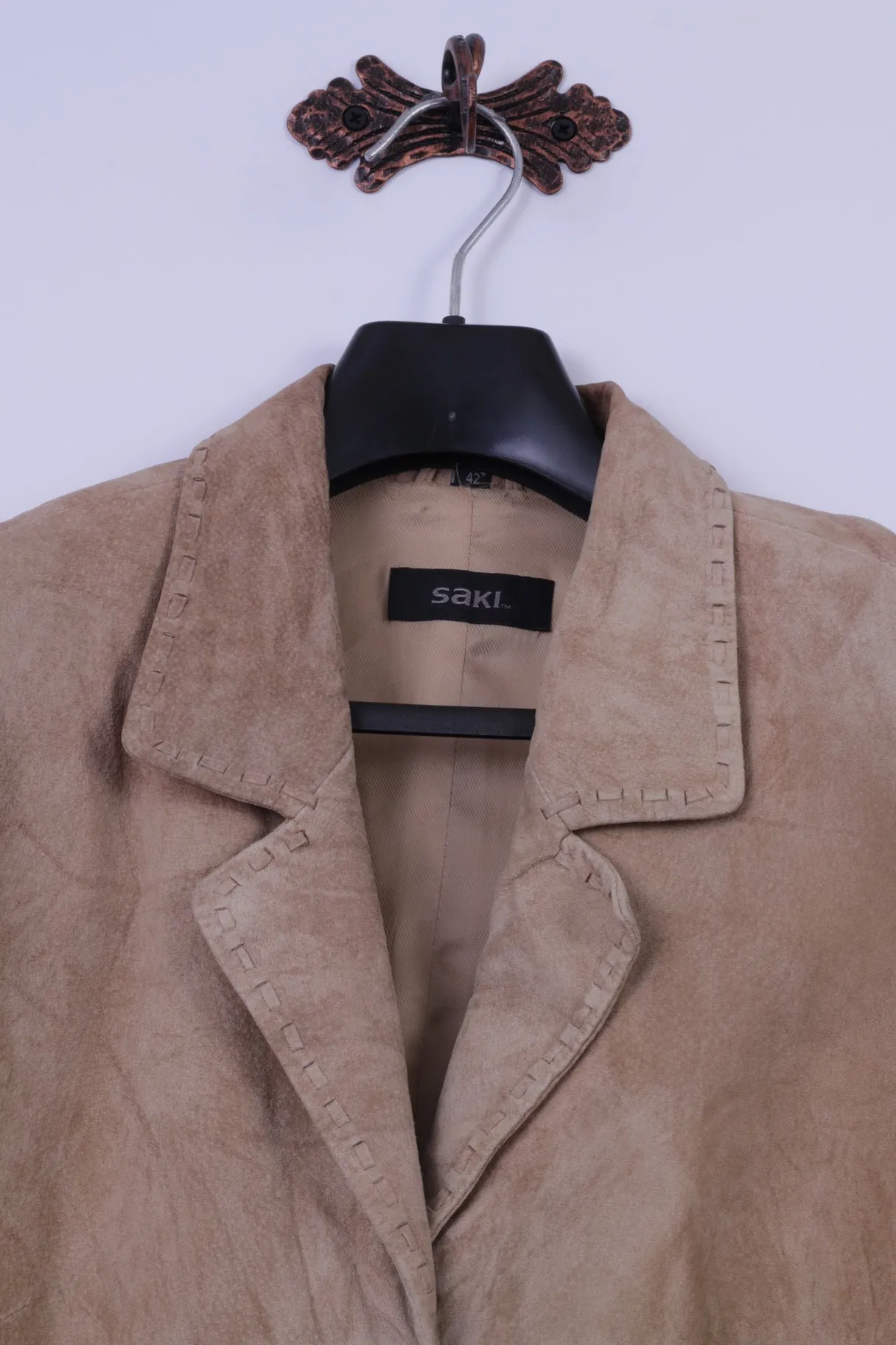 SAKI Womens 42 Jacket Beige Leather Suede Buttoned Blazer Classic Country Top