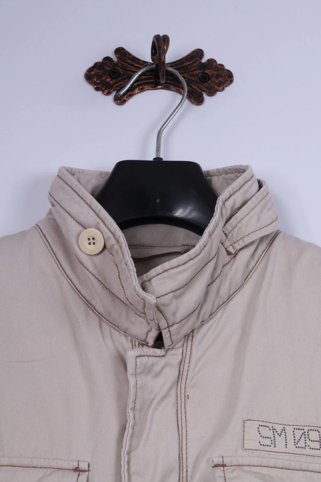 Smog Jeans Company Mens XL Jacket Beige 100% Cotton Zip Up Snaps Multi Pockets Top