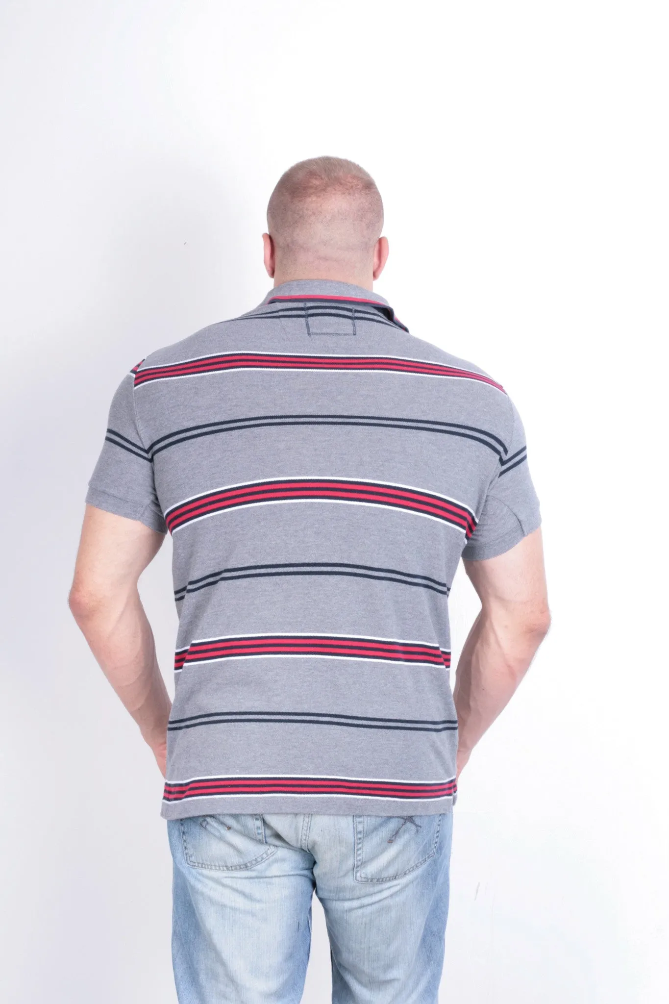 St George  Mens XL Polo Shirt Grey Striped Short Sleeve Cotton Summer