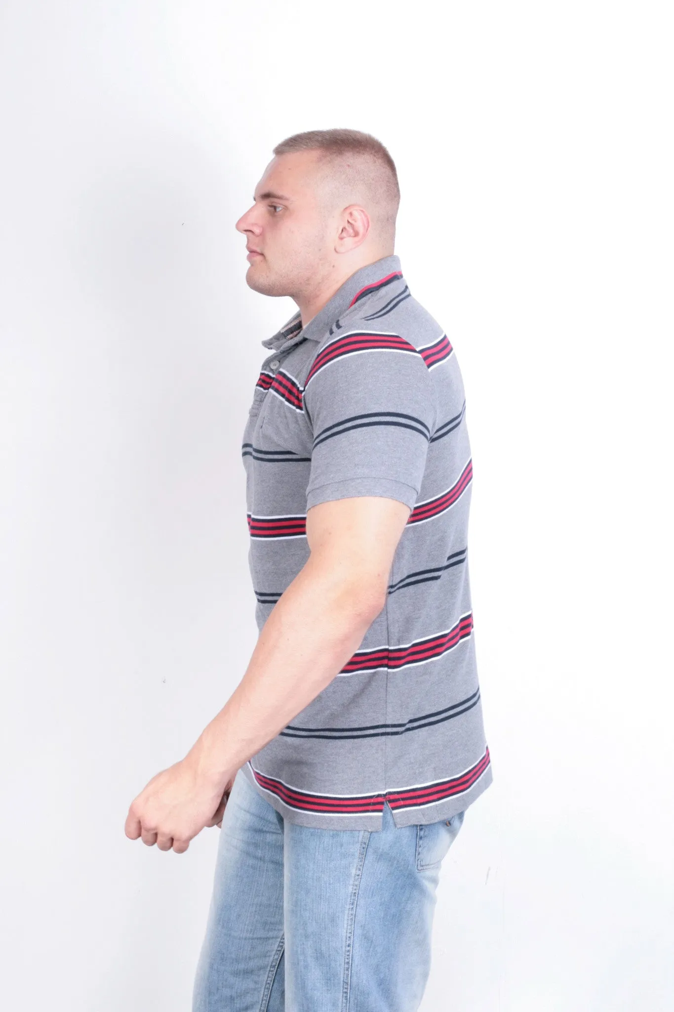 St George  Mens XL Polo Shirt Grey Striped Short Sleeve Cotton Summer