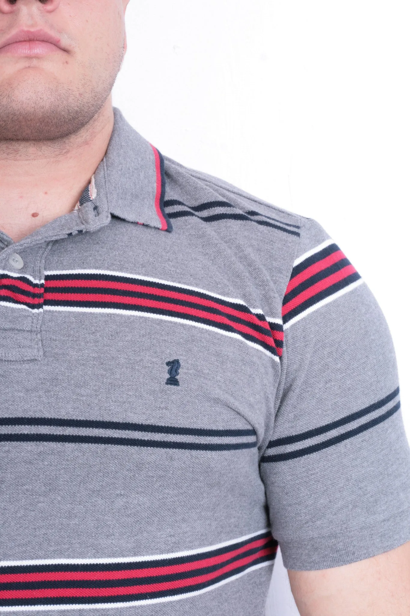 St George  Mens XL Polo Shirt Grey Striped Short Sleeve Cotton Summer