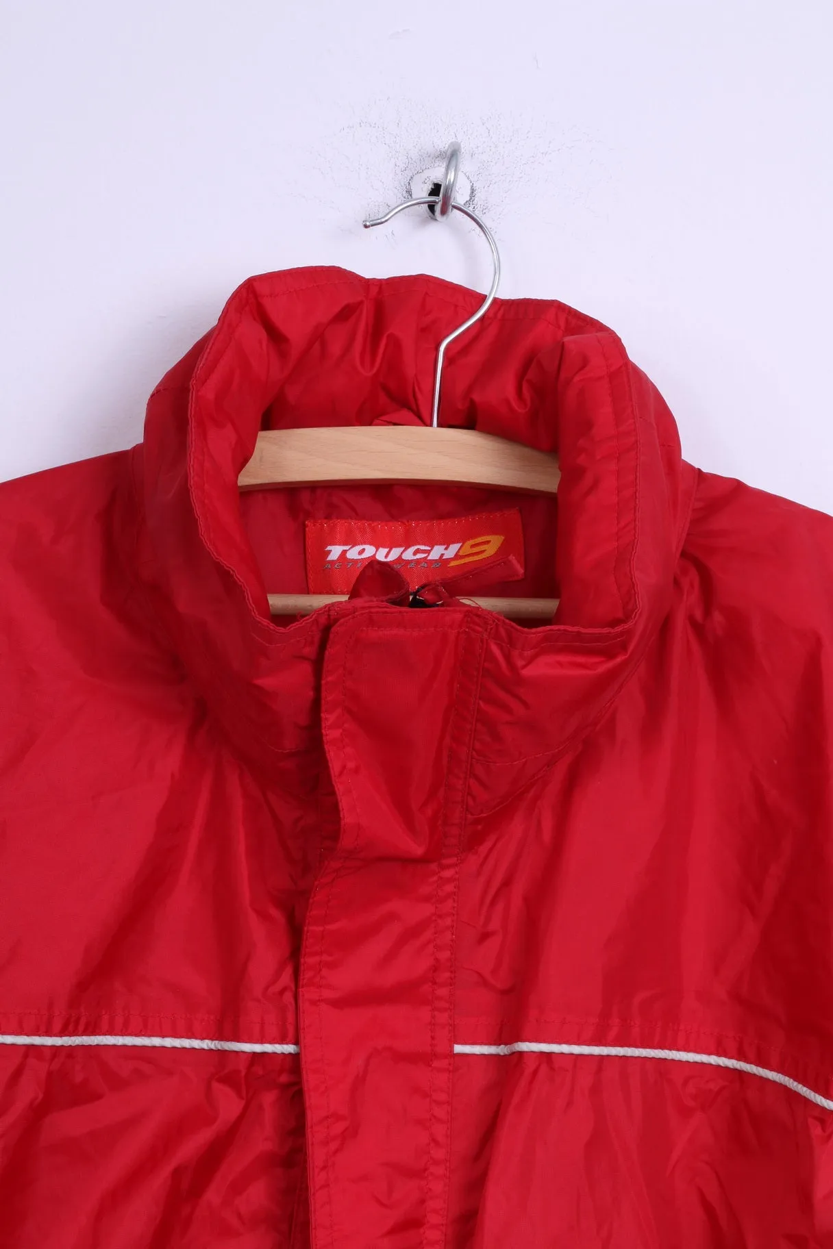 Touch 9  Mens M Rain Jacket Red Active Wear Nylon Hidden Hood Rain Coat