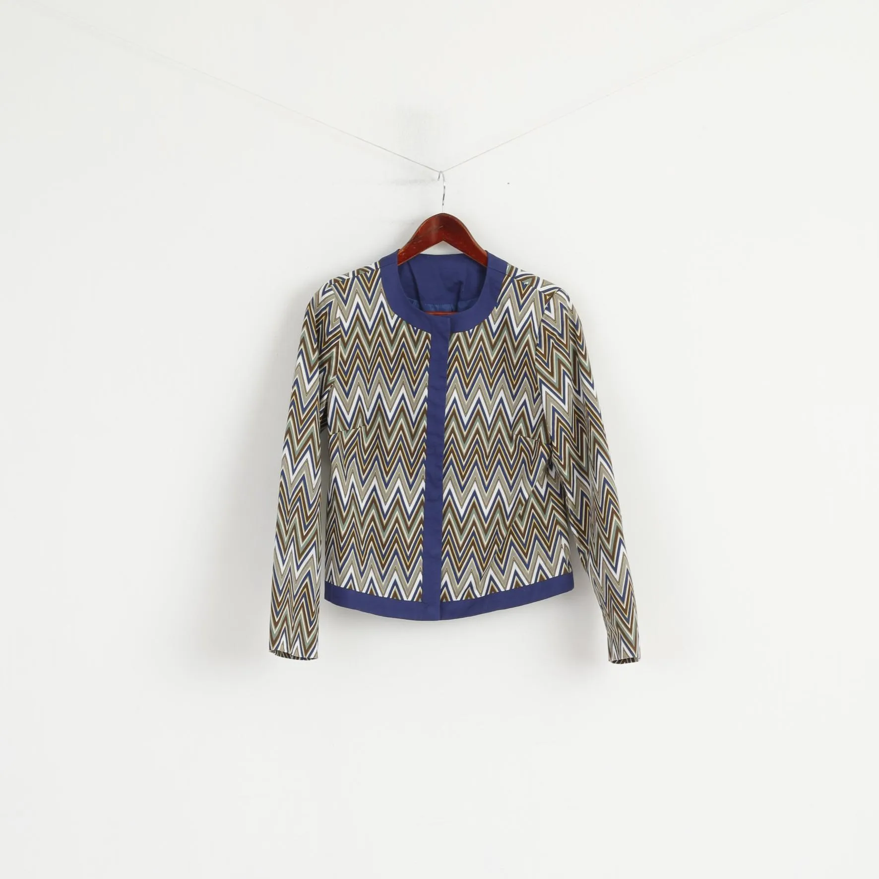 Vintage Womens 12 38 Jacket Blue Aztec Print Cotton Snaps Casual Blazer Top
