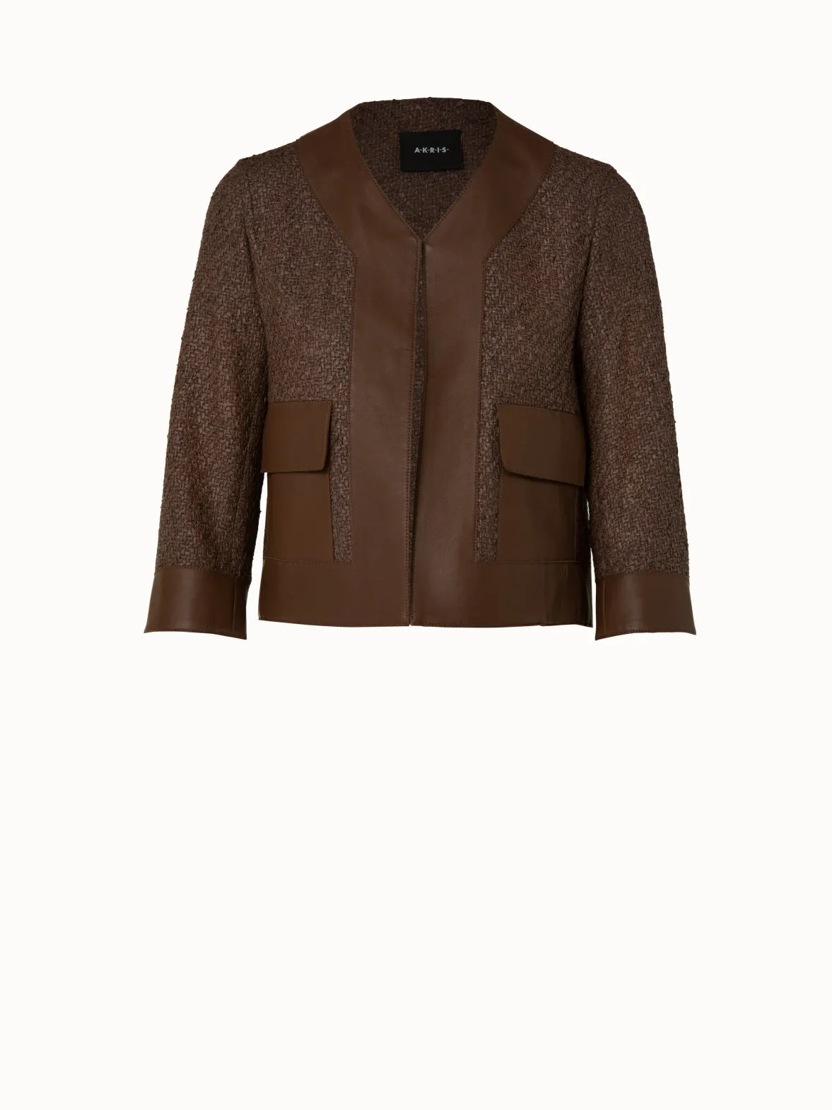 Wool Blend Structured Tweed Jacket with Leather Trim Akris