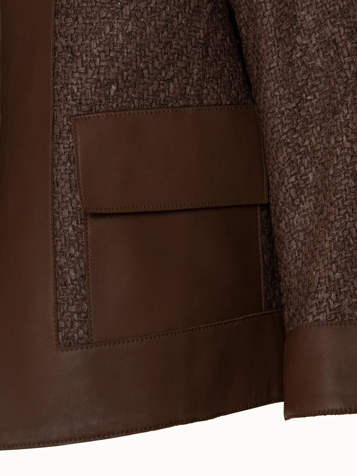 Wool Blend Structured Tweed Jacket with Leather Trim Akris