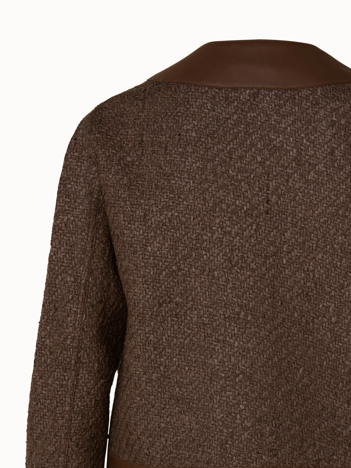 Wool Blend Structured Tweed Jacket with Leather Trim Akris