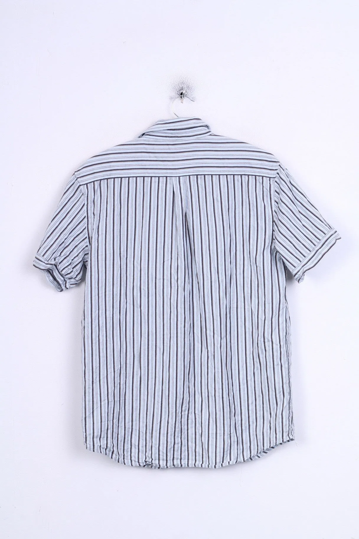 Wrangler Mens M Casual Shirt Short Sleeve Blue Striped Cotton Standard Collar